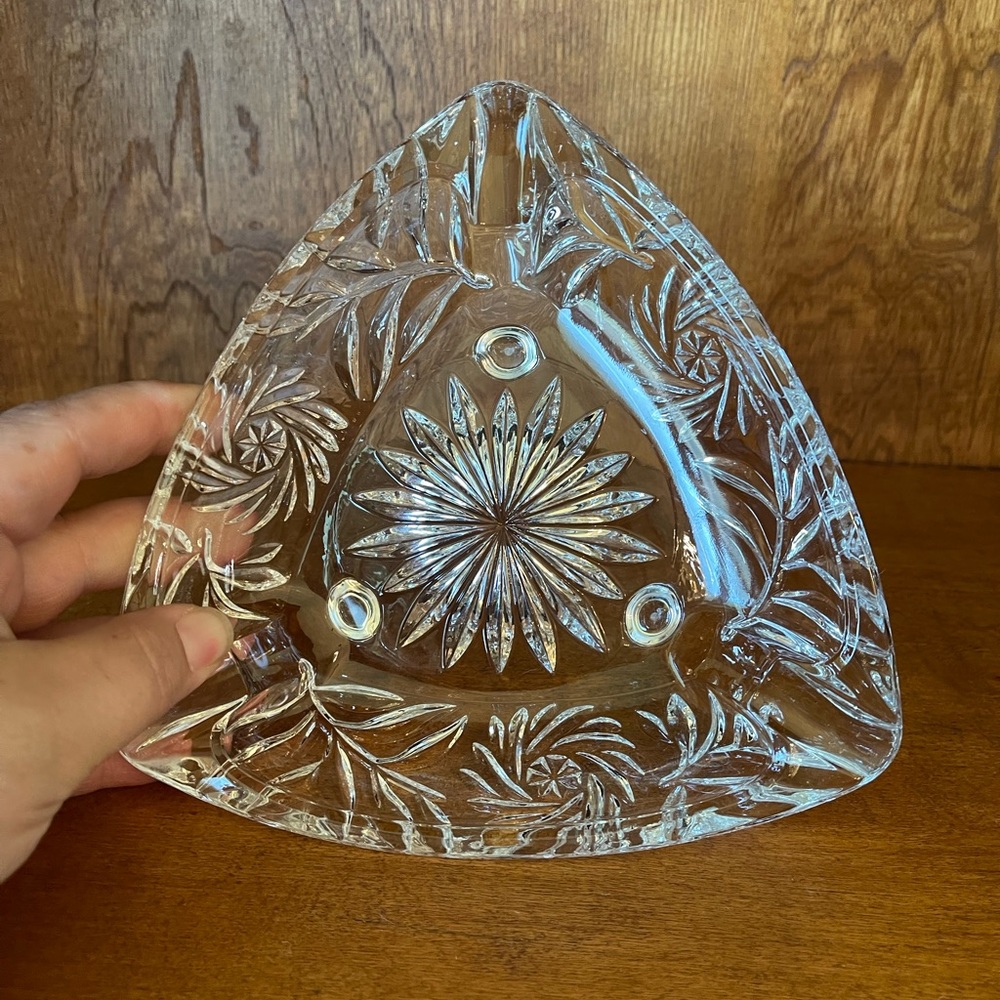 Vintage Triangle Cut Glass Crystal Footed Ashtray